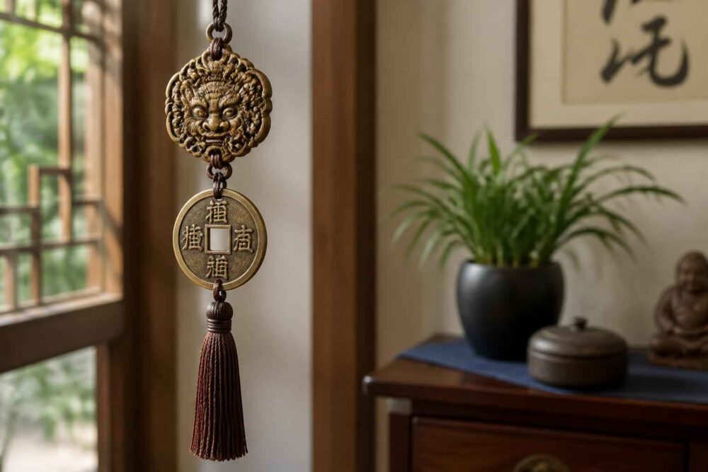 Wiszący chiński amulet z ozdobną maską, monetą i ciemnym frędzlem na tle salonu z rośliną doniczkową