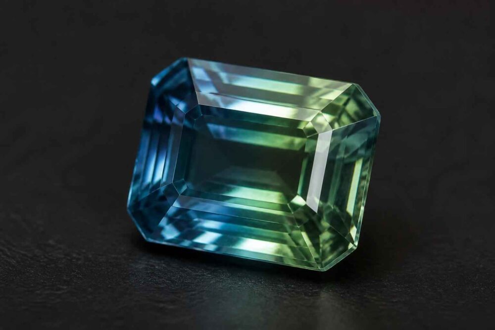 Dwubarwny szlifowany kamień w odcieniach błękitu i zieleni Prostokątny fasetowany kamień z niebiesko-zielonymi refleksami na ciemnym tle
