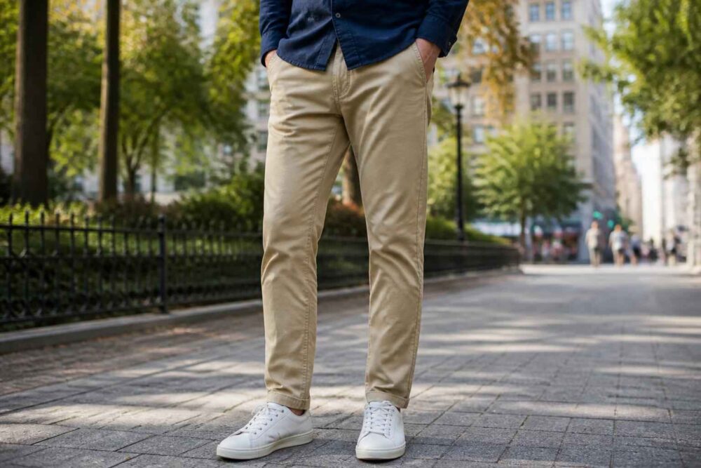 Mężczyzna w beżowych chinosach i białych sneakersach stoi na brukowanej alei w parku miejskim
