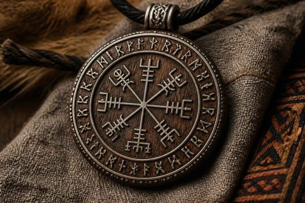 Okrągły metalowy amulet z runami i symbolem kompasu na tle tkaniny