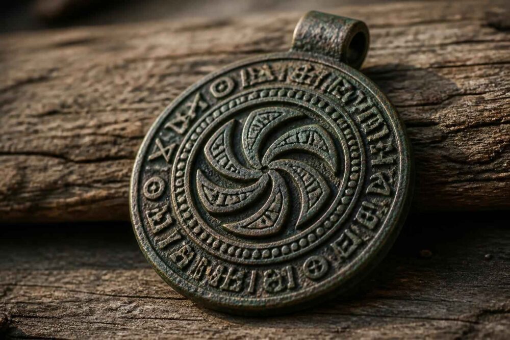 Okrągły metalowy medalion z celtyckim ornamentem i napisami leżący na starej drewnianej desce