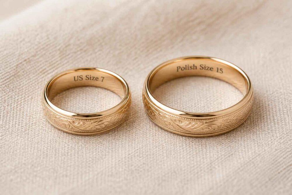 Dwie złote obrączki leżące na jasnym materiale, w rozmiarach US 7 i Polish Size 15